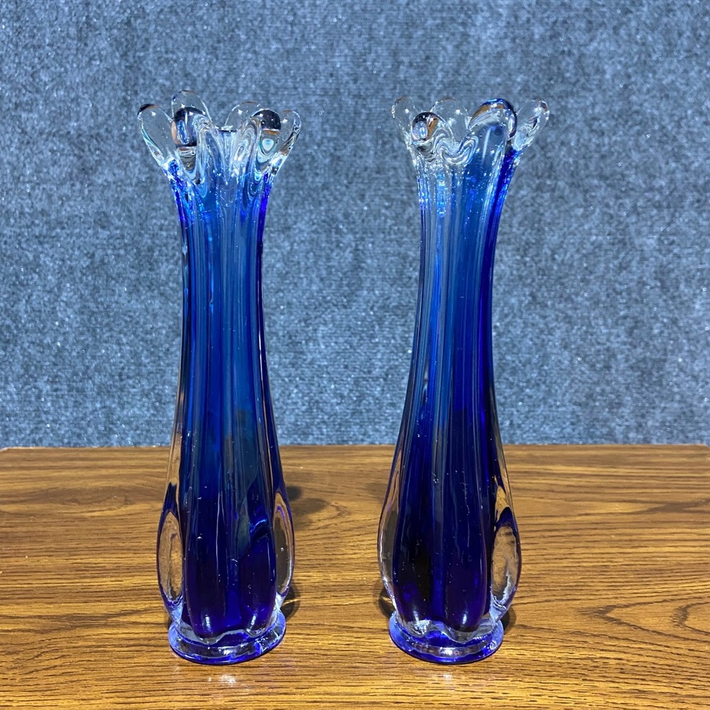 Vintage MCM Cobalt Blue Swung Glass‎ Bud Vases 6 Finger Ruffled Set of 2 9"